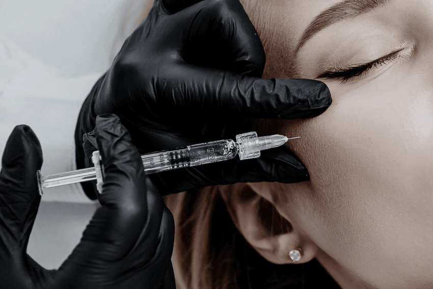 Close-up of aesthetic injection being administered to face